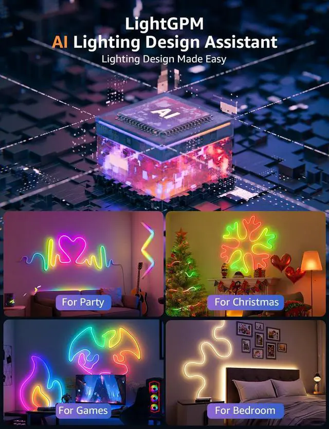 Alt view image 7 of 7 - N1 AI Smart RGB Rope Lights for Christmas, Personalized AI Lighting Designer, LightBeats Music Sync, Color Segment DIY, Voice Control Via App, 19.68ft Wi-Fi & Bluetooth LED Strip Lights