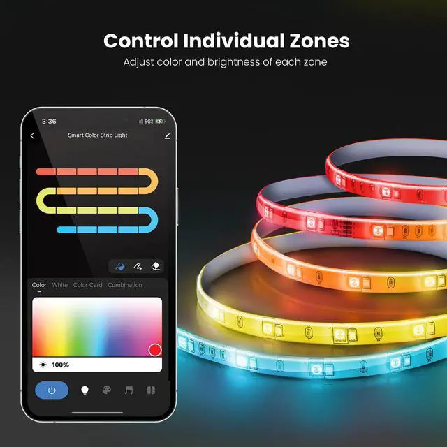 Alt view image 5 of 7 - 20FT Smart LED Strip Light, Chasing RGB + Tunable White, App & Remote Control, Alexa & Google Home Compatible, Linkable & Cuttable Tape Light, TAPE20/CHASE/AG