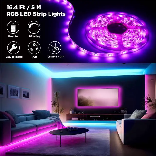 Alt view image 2 of 7 - LED Strip Lights, 16.4FT / 5M RGB Light Strip with Remote & Power Supply, PU Coating ETL 12V DC Adapter Color Changing Strip Lights for Bedroom, Kitchen, Monitor, TV, Home Decor