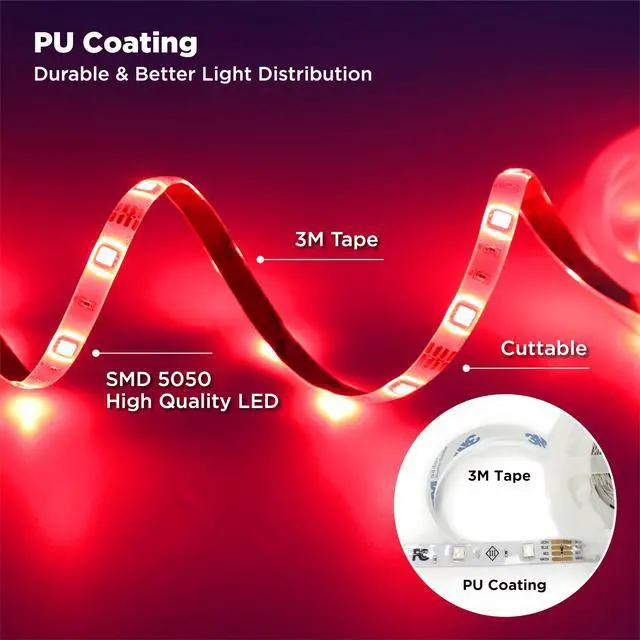Alt view image 4 of 7 - LED Strip Lights, 16.4FT / 5M RGB Light Strip with Remote & Power Supply, PU Coating ETL 12V DC Adapter Color Changing Strip Lights for Bedroom, Kitchen, Monitor, TV, Home Decor