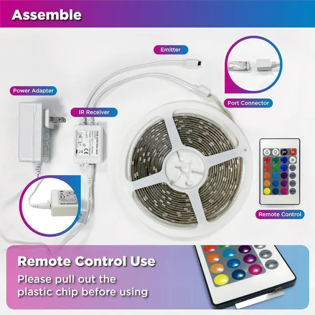 Alt view image 5 of 7 - LED Strip Lights, 16.4FT / 5M RGB Light Strip with Remote & Power Supply, PU Coating ETL 12V DC Adapter Color Changing Strip Lights for Bedroom, Kitchen, Monitor, TV, Home Decor
