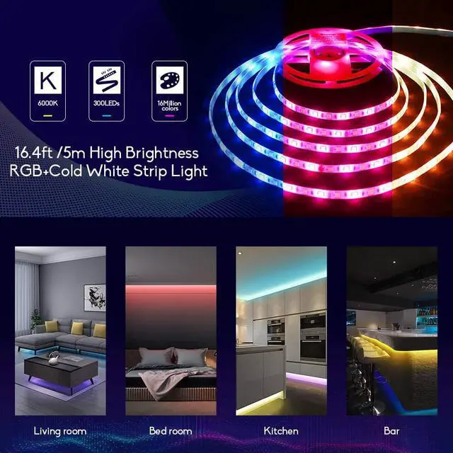 Alt view image 2 of 7 - RGBW LED Strip Light,16.4ft RGB+Cold White SMD5050 Flexible 12V LED Strips 300LEDs,Dimmable Mixed Color Changing LED Tape Light Ambiance Lighting for Party Home Kitchen,Only 5m Strips