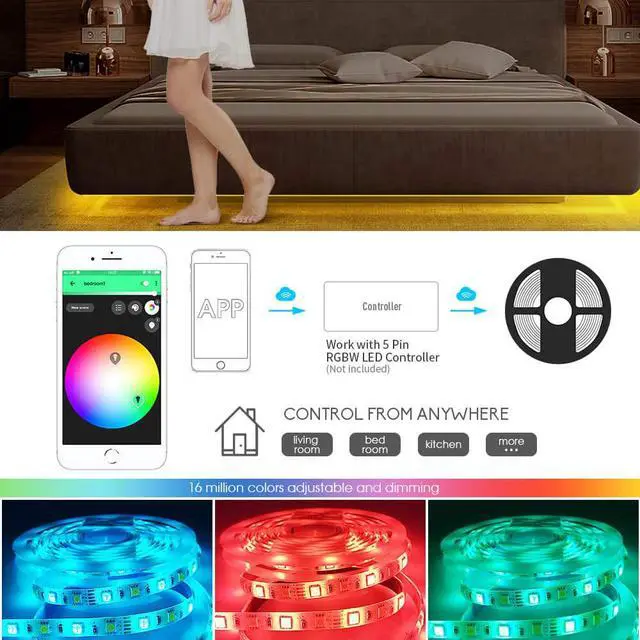 Alt view image 4 of 7 - RGBW LED Strip Light,16.4ft RGB+Cold White SMD5050 Flexible 12V LED Strips 300LEDs,Dimmable Mixed Color Changing LED Tape Light Ambiance Lighting for Party Home Kitchen,Only 5m Strips