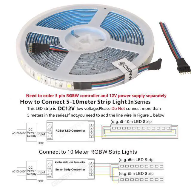Alt view image 6 of 7 - RGBW LED Strip Light,16.4ft RGB+Cold White SMD5050 Flexible 12V LED Strips 300LEDs,Dimmable Mixed Color Changing LED Tape Light Ambiance Lighting for Party Home Kitchen,Only 5m Strips
