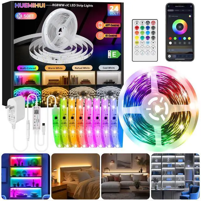 Main image of 50Ft RGBWW+IC LED Strip Lights with Remote & APP,Multi-Colored+3000K-6500K