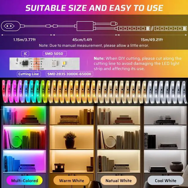 Alt view image 2 of 7 - 50Ft RGBWW+IC LED Strip Lights with Remote & APP,Multi-Colored+3000K-6500K