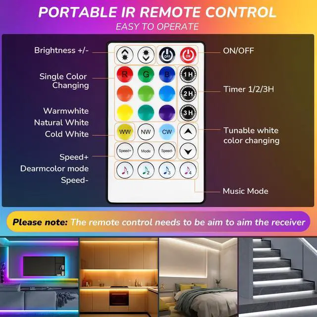 Alt view image 4 of 7 - 50Ft RGBWW+IC LED Strip Lights with Remote & APP,Multi-Colored+3000K-6500K
