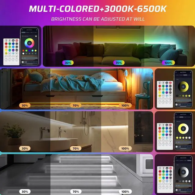 Alt view image 6 of 7 - 50Ft RGBWW+IC LED Strip Lights with Remote & APP,Multi-Colored+3000K-6500K