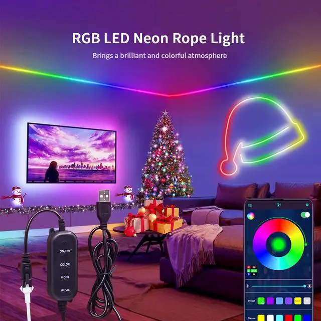 Alt view image 2 of 7 - LED Neon Rope Light, 9.84FT RGB LED Strip Light APP Control, Button Control, 5V Music Sync Color Changing Rope Light, IP65 Waterproof LED Light for Bedroom Gaming, Halloween Party Decor