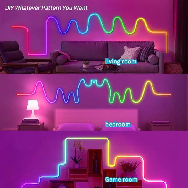 Alt view image 4 of 7 - LED Neon Rope Light, 9.84FT RGB LED Strip Light APP Control, Button Control, 5V Music Sync Color Changing Rope Light, IP65 Waterproof LED Light for Bedroom Gaming, Halloween Party Decor