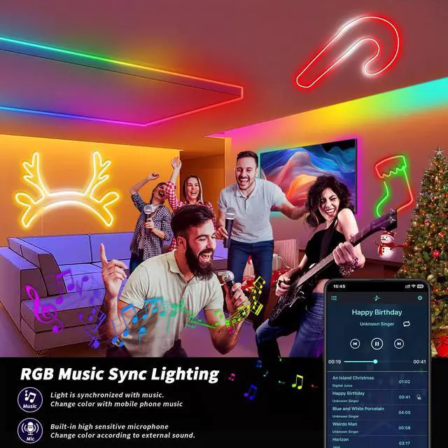 Alt view image 3 of 7 - LED Neon Rope Light, 9.84FT RGB LED Strip Light APP Control, Button Control, 5V Music Sync Color Changing Rope Light, IP65 Waterproof LED Light for Bedroom Gaming, Halloween Party Decor