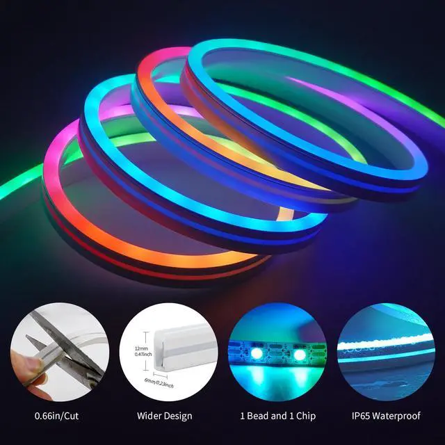 Alt view image 5 of 7 - LED Neon Rope Light, 9.84FT RGB LED Strip Light APP Control, Button Control, 5V Music Sync Color Changing Rope Light, IP65 Waterproof LED Light for Bedroom Gaming, Halloween Party Decor