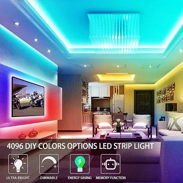 Alt view image 2 of 7 - RGB LED Strip Lights 32.8ft,4096 DIY Colors Rope Lights with Memory Function, Self-Adhesive Color Changing Light Strip with Remote, 30mins Timing Off LED Tape Light Kits for Home Decor