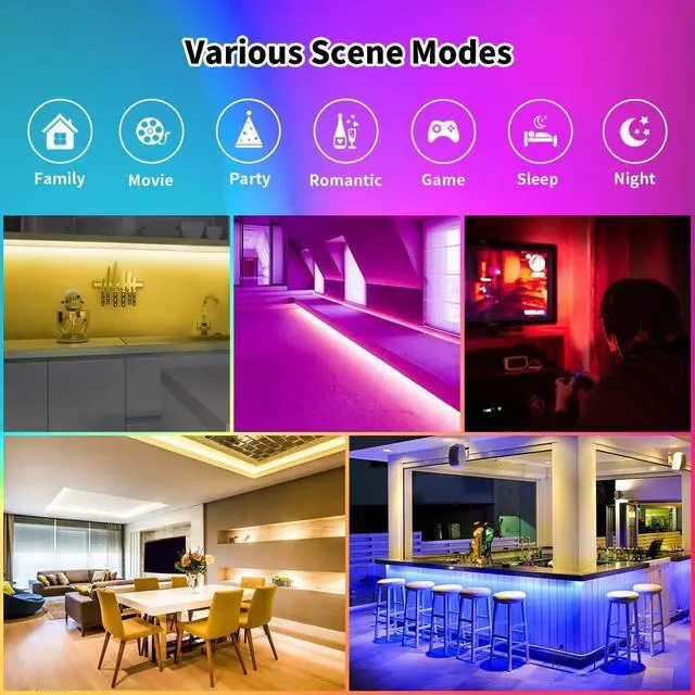 Alt view image 5 of 7 - RGB LED Strip Lights 32.8ft,4096 DIY Colors Rope Lights with Memory Function, Self-Adhesive Color Changing Light Strip with Remote, 30mins Timing Off LED Tape Light Kits for Home Decor