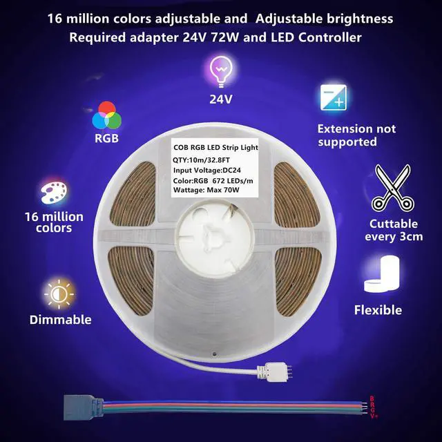 Alt view image 4 of 7 - 24V COB RGB LED Strip Light 32.8ft,16 Million RGB Colors Changing,High Density 6720 LEDs Flexible COB LED Strip Light DC 24V for Bedroom Decoration (Without LED Controller&24V Power Supply)