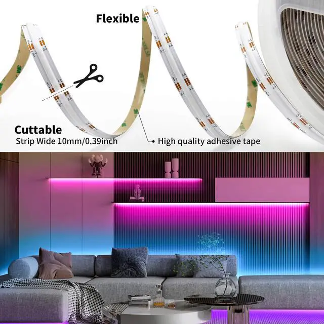 Alt view image 3 of 7 - 24V COB RGB LED Strip Light 32.8ft,16 Million RGB Colors Changing,High Density 6720 LEDs Flexible COB LED Strip Light DC 24V for Bedroom Decoration (Without LED Controller&24V Power Supply)