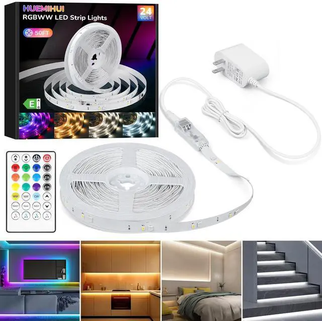 Main image of 50Ft RGBWW+IC LED Strip Lights, Multi-Colored+3000K-6500K with Remote