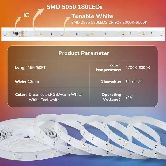 Alt view image 2 of 7 - 50Ft RGBWW+IC LED Strip Lights, Multi-Colored+3000K-6500K with Remote