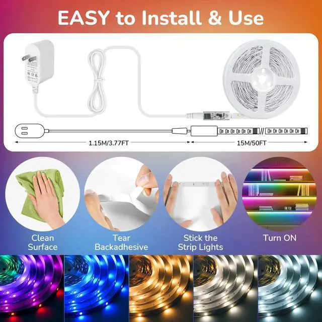 Alt view image 3 of 7 - 50Ft RGBWW+IC LED Strip Lights, Multi-Colored+3000K-6500K with Remote