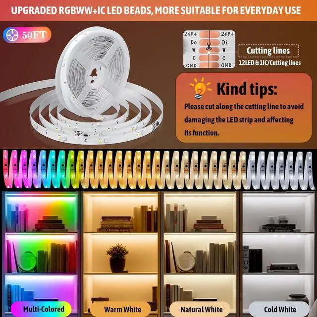 Alt view image 4 of 7 - 50Ft RGBWW+IC LED Strip Lights, Multi-Colored+3000K-6500K with Remote