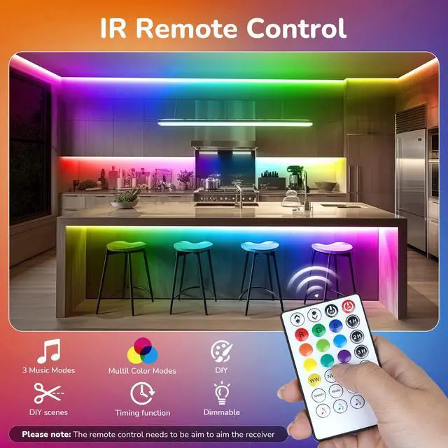 Alt view image 6 of 7 - 50Ft RGBWW+IC LED Strip Lights, Multi-Colored+3000K-6500K with Remote