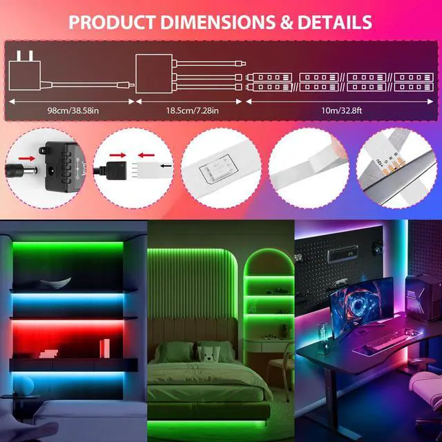 Alt view image 2 of 7 - LED Strip Lights 65.6Ft(2 Rolls of 32.8ft), Dimmable 5050 RGB Color Changing Lights Strip with 40 Key IR Remote Controllers, Self-Adhesive Flexible 12V Bright LED Tape Light Kit for Home Party Holiday