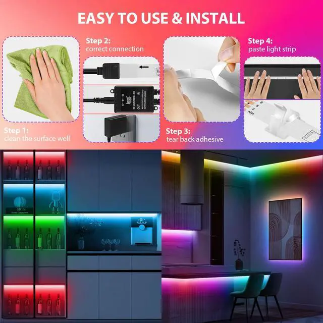 Alt view image 4 of 7 - LED Strip Lights 65.6Ft(2 Rolls of 32.8ft), Dimmable 5050 RGB Color Changing Lights Strip with 40 Key IR Remote Controllers, Self-Adhesive Flexible 12V Bright LED Tape Light Kit for Home Party Holiday