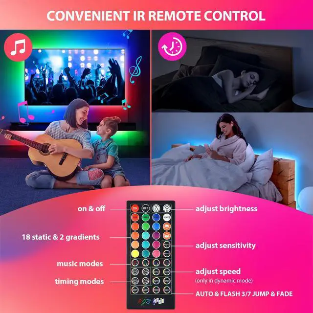 Alt view image 5 of 7 - LED Strip Lights 65.6Ft(2 Rolls of 32.8ft), Dimmable 5050 RGB Color Changing Lights Strip with 40 Key IR Remote Controllers, Self-Adhesive Flexible 12V Bright LED Tape Light Kit for Home Party Holiday