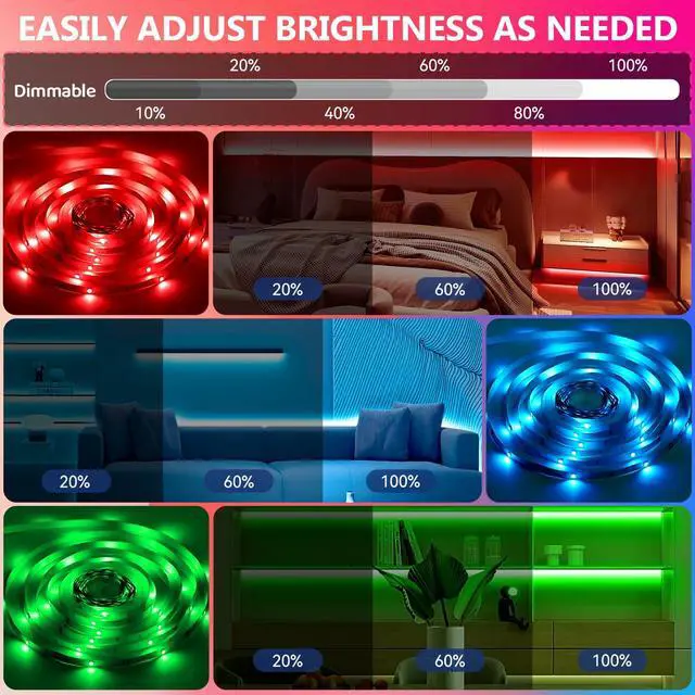Alt view image 6 of 7 - LED Strip Lights 65.6Ft(2 Rolls of 32.8ft), Dimmable 5050 RGB Color Changing Lights Strip with 40 Key IR Remote Controllers, Self-Adhesive Flexible 12V Bright LED Tape Light Kit for Home Party Holiday