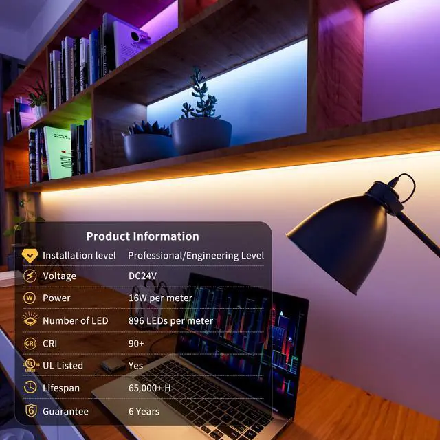 Alt view image 7 of 7 - COB LED Strip Lights,RGBW LED Lights RGB+2700K Warm White UL Listed Dotless 24V Color Changing LED Tape Light for Ceiling,Cabinets,Bedroom,Party Lighting(Power Supply & Controller Not Included)