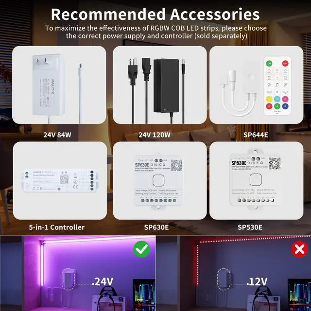 Alt view image 5 of 7 - COB LED Strip Lights,RGBW LED Lights RGB+2700K Warm White UL Listed Dotless 24V Color Changing LED Tape Light for Ceiling,Cabinets,Bedroom,Party Lighting(Power Supply & Controller Not Included)
