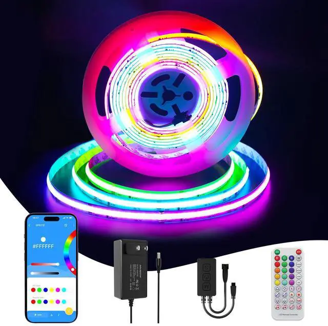 Main image of RGB Smart IC COB LED Strip Light 18ft Addressable Chasing Color 12V LED Light Strip Multicolored Flexible RGB Lights Kit with Music Mode for Party, Decoration, Home DIY Lighting Projects