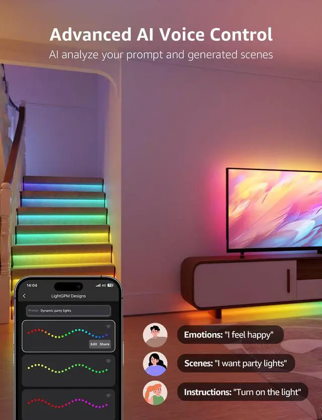 Alt view image 3 of 7 - S2 AI Smart LED Strip Lights 16.4FT RGB+CCT WiFi Bluetooth for Room