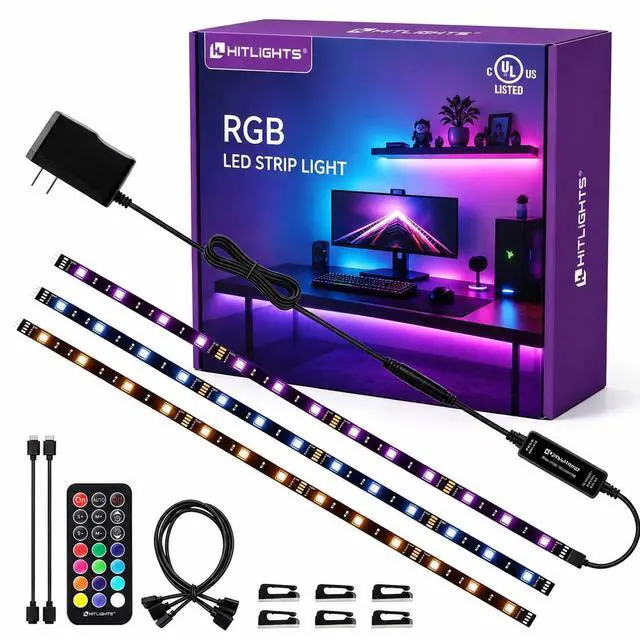 Main image of LED Strip Lights 3 Pcs 1.64FT RGB Small LED Light Strips Kit Dimmable RGB 5050 Color Changing Tape Lights TV Backlight Display Case Lights Shelves Lighting with RF Remote & UL-Listed Adapter