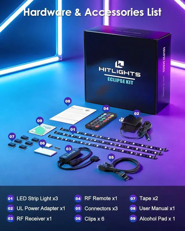 Alt view image 5 of 7 - LED Strip Lights 3 Pcs 1.64FT RGB Small LED Light Strips Kit Dimmable RGB 5050 Color Changing Tape Lights TV Backlight Display Case Lights Shelves Lighting with RF Remote & UL-Listed Adapter