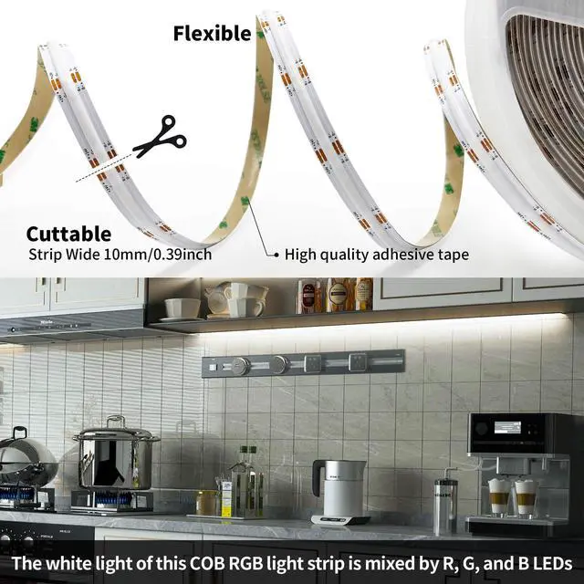 Alt view image 7 of 7 - 32.8ft COB LED Strip Light 24V Kit,Color Changing COB RGB LED Strip Light Dimmable,Flexible LED COB Light Strip with IR Remote &Bluetooth APP Control,FCOB LED Light for Bedroom Decoration