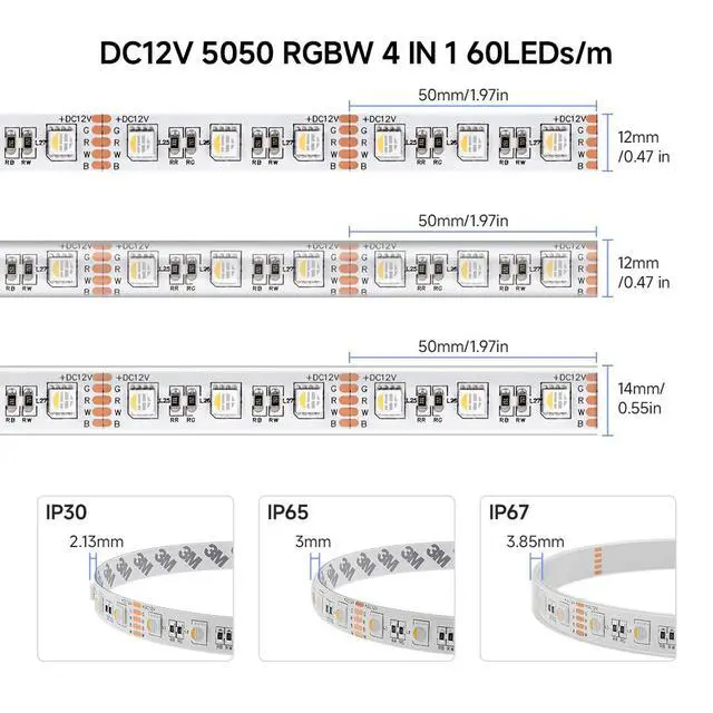Alt view image 7 of 7 - RGBW LED Strip Lights,UL Listed,5050 4 Colors in 1 RGB + 2700K-3000K Warm White,12V DC,16.4ft/5m 60LEDs/m 12mm White PCB, IP30 for Home Decoration(No Adapter or Controller)