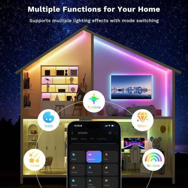 Alt view image 7 of 7 - LED Strip Lights,RGB Smart IC COB LED Strip Light Color Chasing,24ft Multicolor Flexible LED Tape Light,Music Sync with APP Control,Addressable DIY 16M Colors,for Cabinet,Bedroom,Party Decor