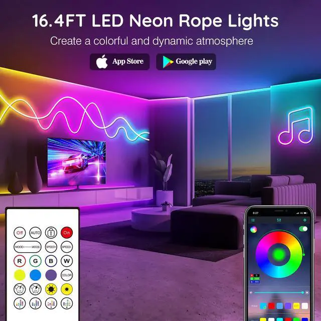 Alt view image 5 of 7 - 16.4FT LED Neon Rope Lights Waterproof with Smart App Control Remote,DIY Scene Modes,Music Sync hronization,Eaves Lights for Garden Decor,Deck,Christmas