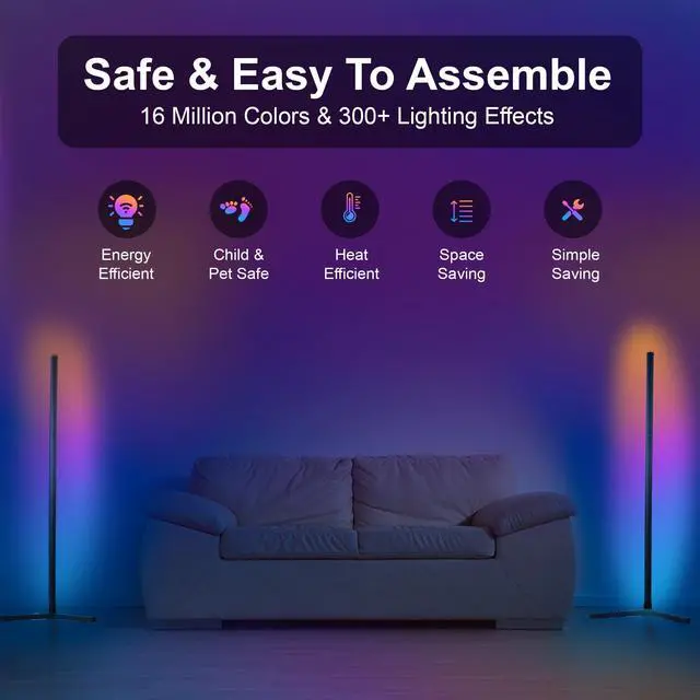 Alt view image 2 of 7 - 2 Pack Corner Floor Lamp 57'' Tall RGB Lamp Modern Mood Lighting with 88 LEDs, Bluetooth App Control, and Sturdy Base for Effortless Setup