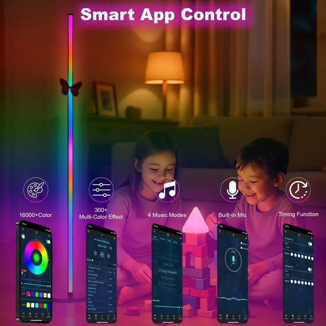 Alt view image 6 of 7 - 2 Pack Corner Floor Lamp 57'' Tall RGB Lamp Modern Mood Lighting with 88 LEDs, Bluetooth App Control, and Sturdy Base for Effortless Setup