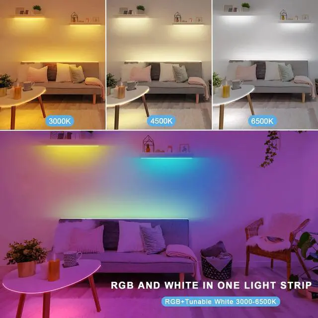 Alt view image 2 of 7 - RGBWW Bluetooth LED Strip Lights, 16.4FT Tunable White 3000K to 6500K+RGB Led Light Strips, Music Sync Color Changing Indoor LED Rope Lights with App and Remote for Cabinet, Bedroom, TV