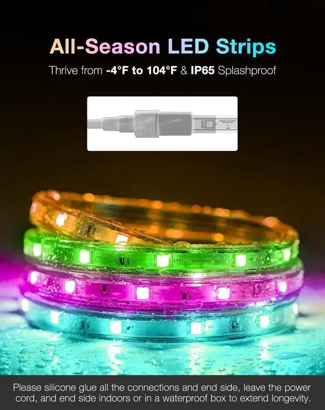 Alt view image 5 of 7 - 120V RGB LED Strip Light Remote Control, Cold Resistant IP65 Waterproof Outdoor Strip Lighting Color Changing, Connectable Lite Multicolor Lighting Strip 7x13mm, 32 FT 300 LEDs ETL Listed