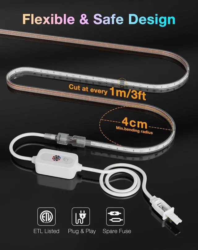 Alt view image 7 of 7 - 120V RGB LED Strip Light Remote Control, Cold Resistant IP65 Waterproof Outdoor Strip Lighting Color Changing, Connectable Lite Multicolor Lighting Strip 7x13mm, 32 FT 300 LEDs ETL Listed