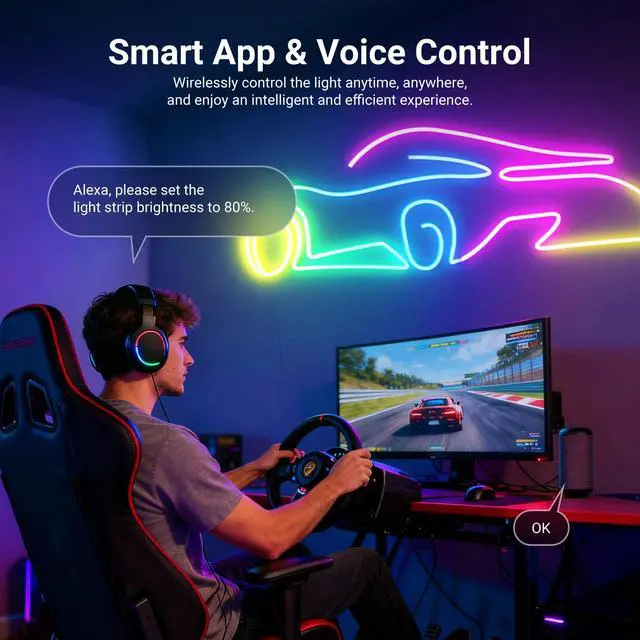 Alt view image 6 of 7 - 9.84ft/3m LED Strip Lights, Smart AI RGB IC Flexible Cuttable Neon Rope Light, App Control, Bedroom Gaming Room Indoor Studio Home Wall Decor, Compatible with Google Assistant Alexa, NS02