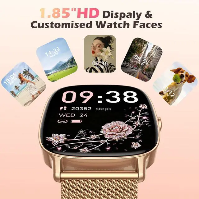 Alt view image 6 of 7 - Smart Watch for Women, Answer/Make Call,1.85'' Ultra-Clear Screen Fitness Tracker with Heart Rate/Sleep/SpO2 Monitor,Smartwatch for iPhone/Samsung/Android,120+ Sport Modes,IP68 Waterproof with 2 Bands