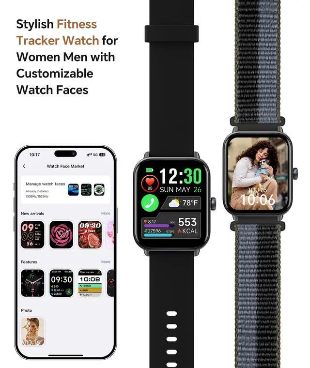 Alt view image 5 of 7 - Smart Watches for Women/Men, 2 Bands, Compatible for Android iPhone