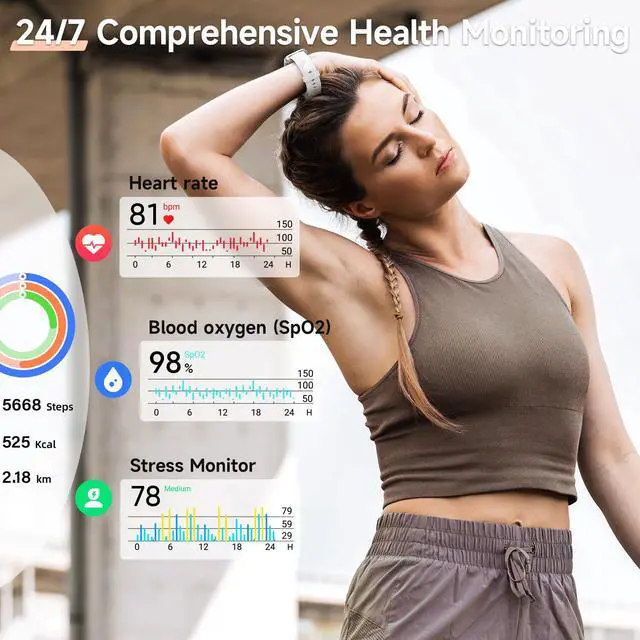 Alt view image 3 of 7 - Smart Watches for Women Men, for Android & iPhone, Alexa Built-in, 1.8" Touch Screen Smartwatch with Heart Rate/SpO2/Sleep/Stress Monitor, 3ATM Waterproof Fitness Tracker, 101+ Sports Modes, 2 Bands