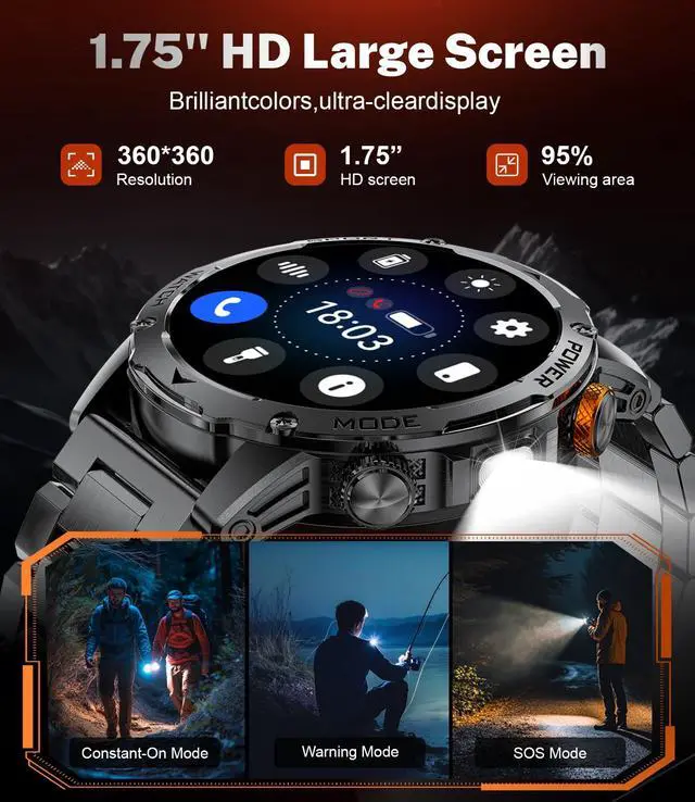 Alt view image 3 of 7 - Smart Watch for Men with 1000mAh Battery/Flashlight, 1.75'' Military Smartwatch with 5ATM Waterproof/Heart Rate/Sleep Monitor,Answer Make Calls Fitness Tracker for Android iPhone Black