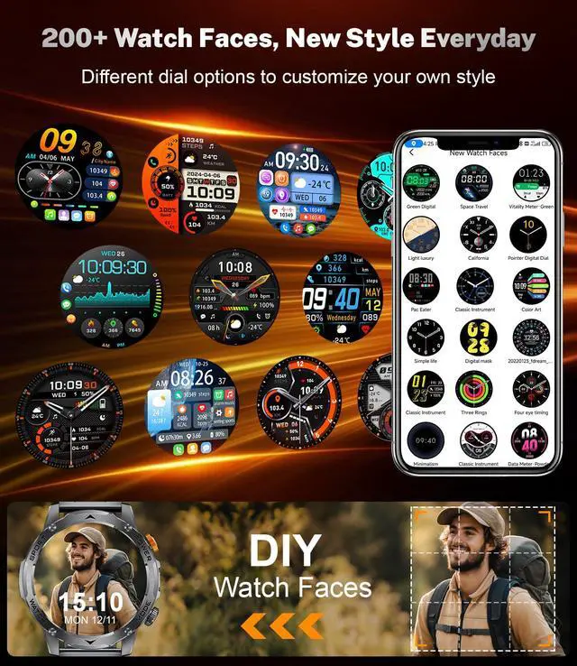 Alt view image 5 of 7 - Smart Watch for Men with 1000mAh Battery/Flashlight, 1.75'' Military Smartwatch with 5ATM Waterproof/Heart Rate/Sleep Monitor,Answer Make Calls Fitness Tracker for Android iPhone Black